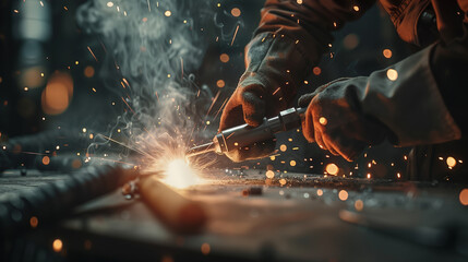 A man is working with a welding torch, creating sparks and smoke - obrazy, fototapety, plakaty