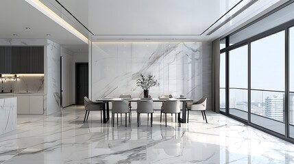 Elegant dining room in modern style decorated with white and gray marble natural light from the window