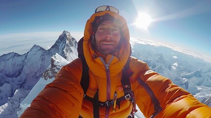 smiling mountaineer taking a selfie on the top of snowy mountain