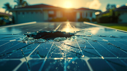 Concept impact of natural disasters on modern energy. Damaged Solar Panel After Severe Weather Impact Closeup.