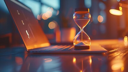 Hourglass on desk symbolizing time management with laptop - obrazy, fototapety, plakaty