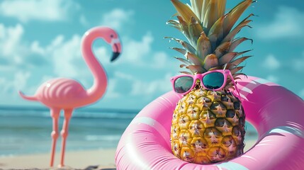 Funny pineapple wearing sunglasses in a pink flamingo-shaped inflatable circle against a beach background - Powered by Adobe