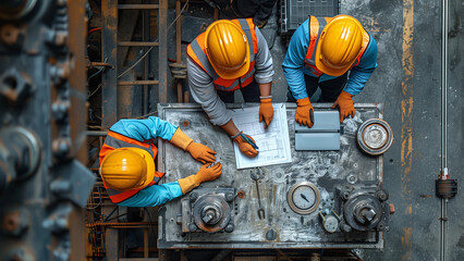 Top view of a group of construction workers with hard hats examining blueprints at an industrial site.