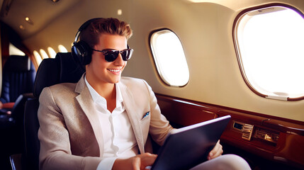 successful handsome man blogger, billionaire or rich businessman flying private jet and working on phone or tablet