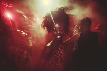 Dynamic High-speed sync flash photo of a black mixed race girl dancing at a grungy nightclub rave very decadent indie sleaze background  - obrazy, fototapety, plakaty