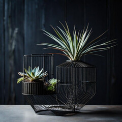 wireframe vase crafted from blackened steel, holding a arrangement of air plants
