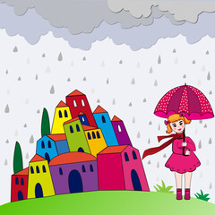 Paisaje con casas de colores y niña con paraguas. - 775758575
