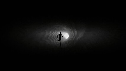 A girl silhouette is running to the light in a cave (3D Rendering)