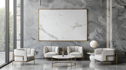 Interior Scene and Frame mockup waiting area in the hotel Large picture frame gray stone wall gray tone furniture set White marble box table