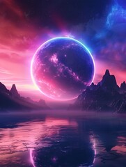 Sci-Fi Fantasy Landscape: Neon-Lit Planet 