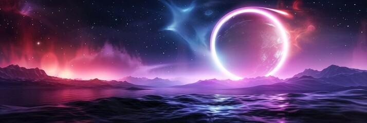 Sci-Fi Fantasy Landscape: Neon-Lit Planet 