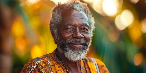 A cheerful senior black man in traditional colorful attire, representing cultural richness and happiness.
