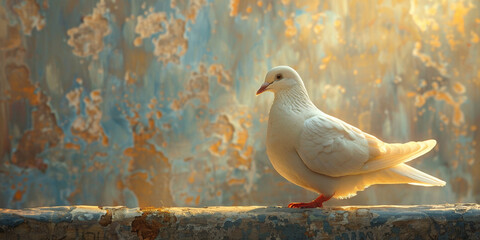 A grunge concrete backdrop frames a white dove basking in sunlight, showcasing its natural beauty. - obrazy, fototapety, plakaty
