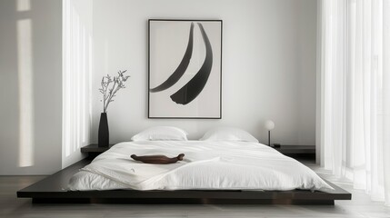 Contemporary bedroom featuring a large minimalist banana art piece, white bedding, and natural light.