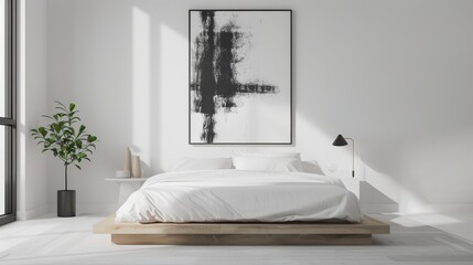 A modern minimalist bedroom with a striking black and white abstract painting, clean lines, and lush potted plant.