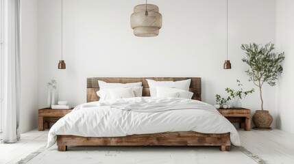 Bright Scandinavian bedroom design, white crisp bedding, rustic wooden headboard, and ambient hanging lights.