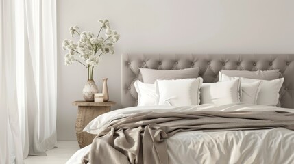 Fototapeta na wymiar Chic bedroom design showcasing a tufted grey headboard, soft white linens, and a rustic bedside table with a vase of flowers.