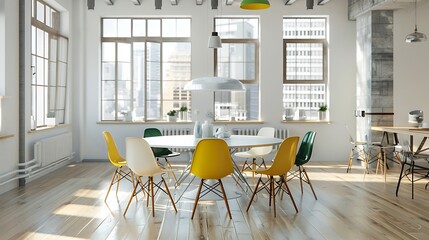 Loft dining room interior with white walls, tall windows a wooden floor an original ceiling lamp and a white round table with yellow and green chairs