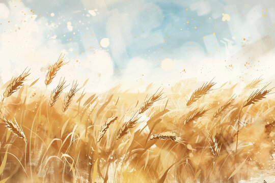 Watercolor illustration of a wheat yellow field. Generative Ai. Art landscape.
