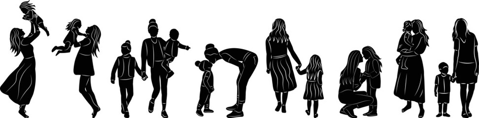 silhouette mom and baby set, on white background vector