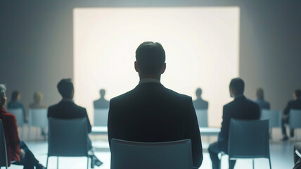 A young businessman sits and listens to a lecture in a conference room.