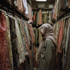 Obraz premium In a boutique's embrace, an Arab customer navigates through garments, each hanger a whisper of potential elegance