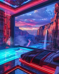 A futuristic bedroom with neon lights and large windows overlooking the grand canyon and waterfall The black bed has red accents in the cyberpunk style with a dark ambiance Neon lighting illuminates