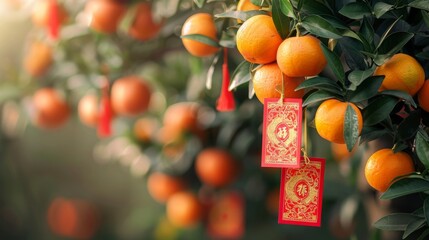 The festive spirit of Chinese New Year captured with red envelopes, hanging from an orange tree, each bearing a wish for prosperity