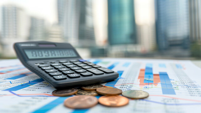 A calculator and coins on top of financial documents with stock market charts in the background