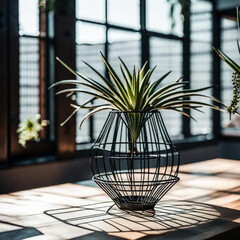 wireframe vase crafted from blackened steel, holding a arrangement of air plants