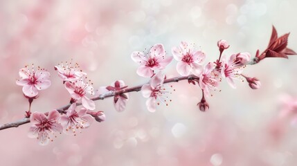 close-up of a delicate cherry blossom branch against a soft pastel sky symbolizing the arrival of spring