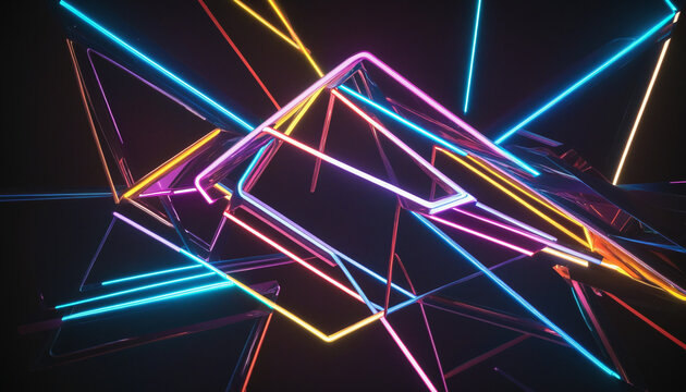 3d render, abstract neon background with colorful glowing lines, triangular geometric shape, empty stage bright colors illustration