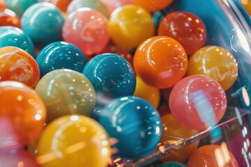 Close-up of bubble gum balls in a dispenser highlighting the shiny surface and multitude of colors - obrazy, fototapety, plakaty