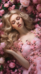 Woman resting among flowers, fashion and beauty background