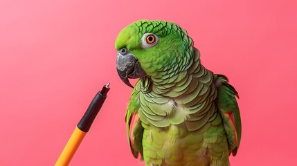 Playful green parrot monk plays with a pen on a pink background