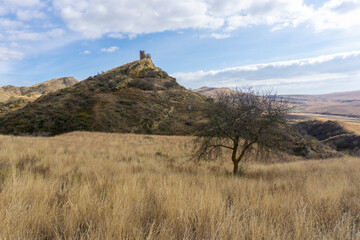 Landscape view of savanna and mountains. Stone tower on the hill above monastery. Dry orange grass...