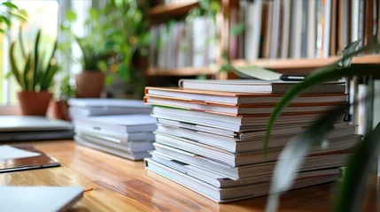 Fototapeten Stacked books on wooden table in soft library light © nur