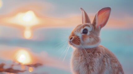 Portrait of cute rabbit bunny close up against background of blue sea and pink dawn sky