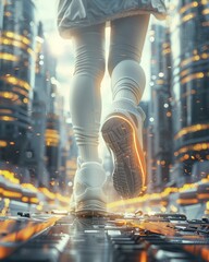 , clothing, A person with kinetic energy-harvesting shoes powering a futuristic city Sunny day, 3D render, Backlights and lens flare