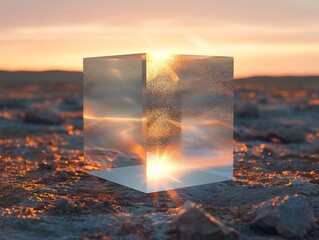 Ambiguous object, shifting shapes, ethereal essence, floating in deserted wasteland, during twilight, 3D render, golden hour, lens flare - obrazy, fototapety, plakaty