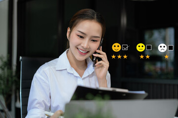 Happy Client customer experience concept. Woman recording phone inquiry with checkboxes, smiling...