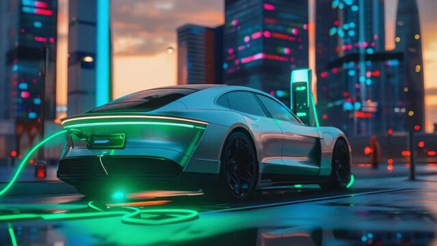 Futuristic super-fast speed electric sports car in city charging station by EV charger. Cutting-edge technology advancement of EV renewable energy. Luxury hyperspeed auto night drive concept.4