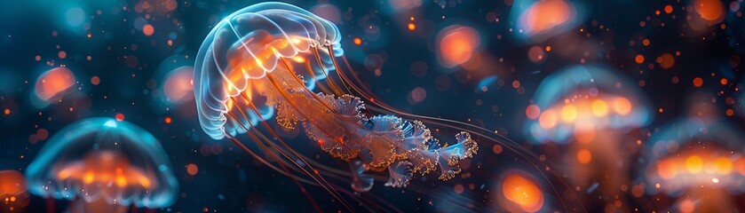 Bioluminescent Jellyfish, Ocean Creature, Glowing under the moonlight, 3D Render, Backlights, Depth of Field Bokeh Effect - obrazy, fototapety, plakaty