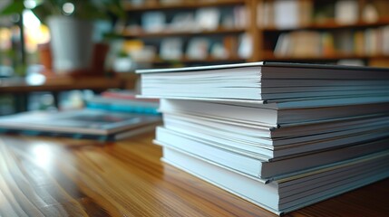 Stacked books on wooden table in soft library light - obrazy, fototapety, plakaty