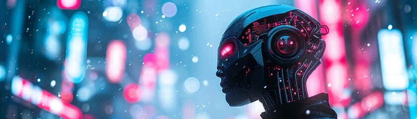 Cyborg, metallic skin, futuristic technologies, wandering through a neon-lit cityscape.