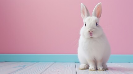 Smiling white cute rabbit bunny standing on wooden floor at light pink blue wall background