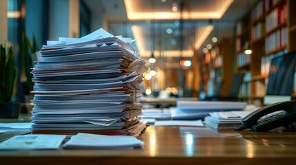 Piles of paperwork ready for review on office desk