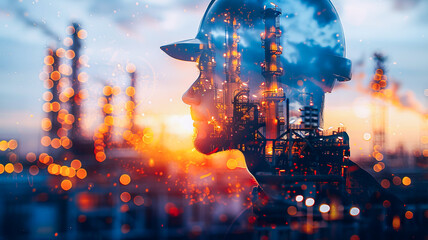 Banner Petrochemical oil AI technologies, gas electricity engineering project devotion with double exposure design. Toning blue and sunlight color.