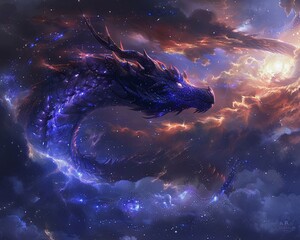 Enigmatic celestial dragon, scales reflecting starlight, soaring through the mystical realms of the sky kingdoms as wisps of clouds dance around.