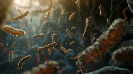 Closeup of Viruses Attacking Human Immune System Cells under Microscope. - obrazy, fototapety, plakaty